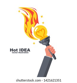 Creative hot idea concept. Hand hold abstract bright burning lamp on a torch. Vector illustration flat design. Isolated on background. Symbol of science education and victory.