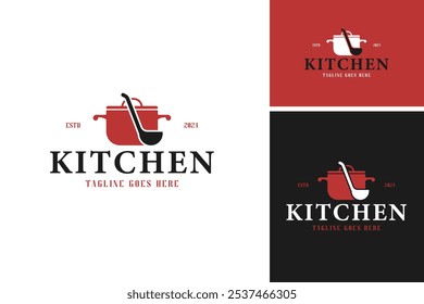 Creative hot pot with ladle for food logo design vector illustration