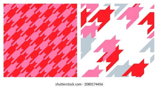 Creative houndstooth seamless pattern set. Colorful pink, red and white vector design for banner background or fashion fabric print.
