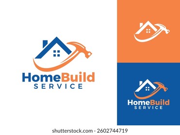 creative house building logo. hammer tool repair home construction design concept