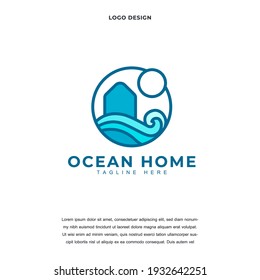 Creative house in circle shape with ocean wave icon logo design vector illustration. ocean home logo design color editable