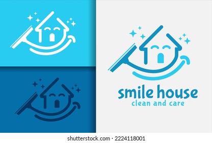 Creative House Cleaning and Care Service Logo Design with Smiley House Concept. Simple Minimalist Vector Logo Illustration.