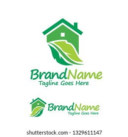 creative house and green leaf logo design concept element