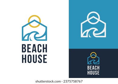 Creative House Home with Wave Beach Ocean Sea and Sun Sunset Logo Design Branding Template