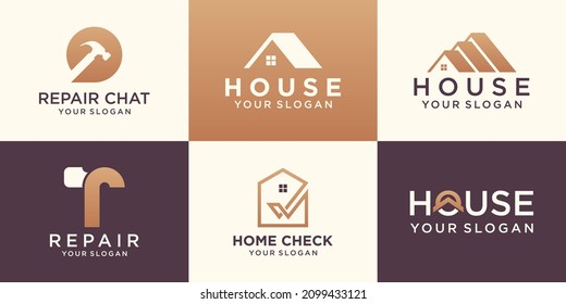conjunto de logotipos de casa creativa, colección de logotipos de casa creativos, elemento de martillo combinado, plantilla de diseño de logotipos de edificios abstractos.