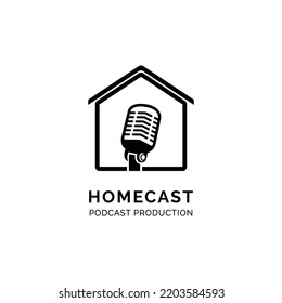 Creative House with Mic Microphone icon for Home Podcast Studio Logo Design Inspiration