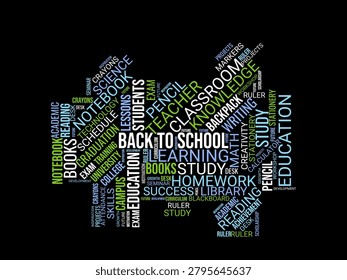 Creative house shaped back to school word cloud on dark background symbolizing educational growth.
