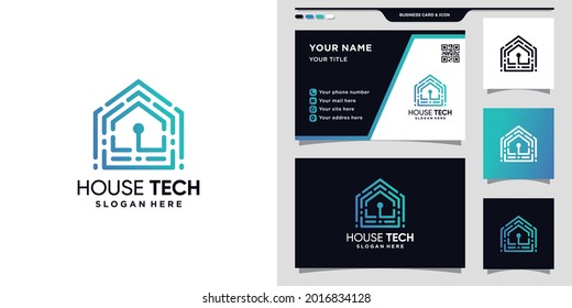 Creative house technology logo with unique linear style and business card design Premium vector