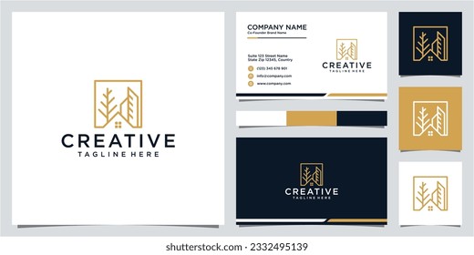 Creative house and tree logo with box line art concept and business card template.