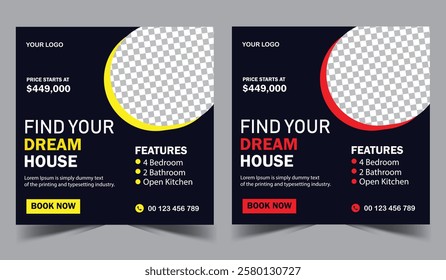Creative housing business template. Construction work service social media marketing template. Real estate business promotion template