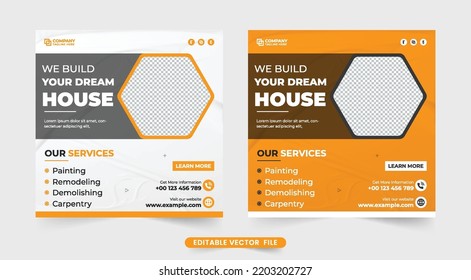 Creative housing business template vector with geometric shapes. Construction work service social media marketing template. Real estate business promotion template with yellow and white colors.