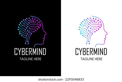 Creative Human Brain Technology Logo design vector icon symbol illustrations. Colorful connecting data for artificial intelligence and human face. Brain circuit board ai tech concept dot line elements