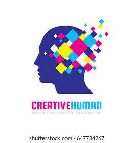 Creative human head - vector logo template concept illustration. Abstract design geometric elements. Modern digital technology sign. Innovation information business. Idea brain structure.