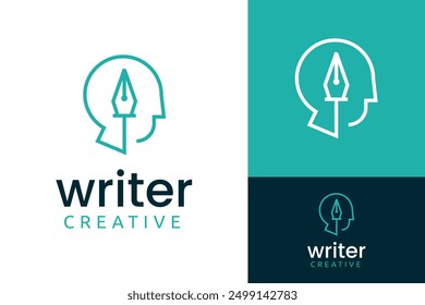 Creative Human Head Writer Escribir Pluma Cerebro Diseño de Logo Branding Plantilla