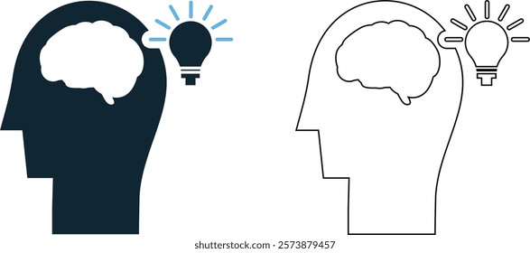 Creative human idea intellect icon vector featuring a silhouette head with a light bulb or brain, symbolizing innovation, thinking, and intelligence. Perfect for education, business, or creativity