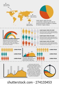 Creative human infographics layout with world map and graphs for data presentation. 