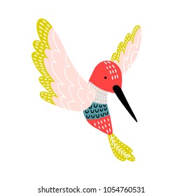 Creative hummingbird print. Cartoon vector illustration in scandinavian style