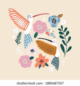 Creative hummingbirds with flowers. Spring and summer illustration. It can be used for greeting card, posters, apparel