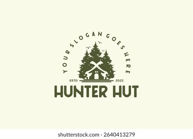 creative hunter hut logo, pine tree logo, cabin logo, logo reference 