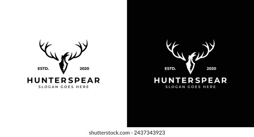 Logo de Creative Hunter Spear. Cornamenta de ciervo y lanza de la cabeza de flecha, retro Vintage Hipster Logo icono símbolo Vector plantilla de diseño.