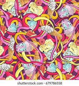 Creative ice cream doodle seamless pattern.