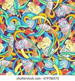 Creative ice cream doodle seamless pattern.