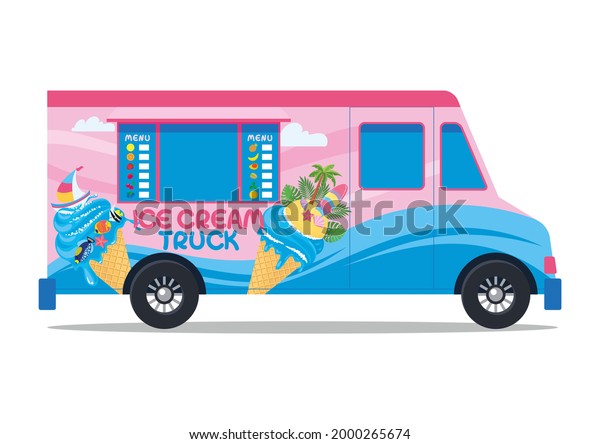 Creative ice cream truck design with beach\
elements. Sundae, summer cold dessert, mobil street cafe, shop,\
delivery. Vector illustration, isolated, cartoon, icon, simbol,\
logo, element,\
template