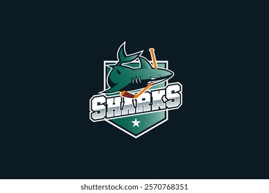 Creative Ice Hockey Sports Shark logo template. Shark Mascot Ice Hockey team logo vector.