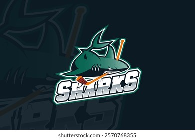 Creative Ice Hockey Sports Shark logo template. Shark Mascot Ice Hockey team logo vector.