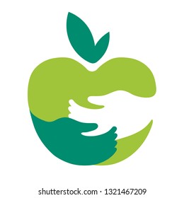 Creative icon apple in hands, logotype template. Fruit symbols of save nutrition. Vegetarian and health concept. Vector illustration 