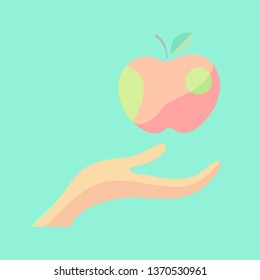 Creative icon apple in hands, logotype template. Fruit symbols of save nutrition. Vegetarian and health concept. Vector illustration