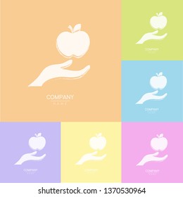 Creative icon apple in hands, logotype template. Fruit symbols of save nutrition. Vegetarian and health concept. Vector illustration