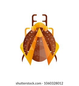 Creative icon of beetle with brown and orange wing, horns and little paws. Flat vector design for infographic, print or notebook cover