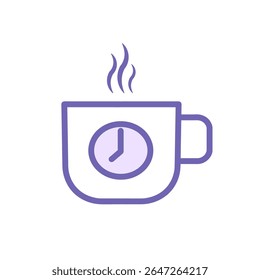 Creative icon of a coffee mug with a pie chart inside, symbolizing productivity balance, work break, time tracking, and mindful rest. A modern soft purple outline illustration perfect for business, he