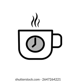 Creative icon of a coffee mug with a pie chart inside, symbolizing productivity balance, work break, time tracking, and mindful rest. A modern soft purple outline illustration perfect for business, he