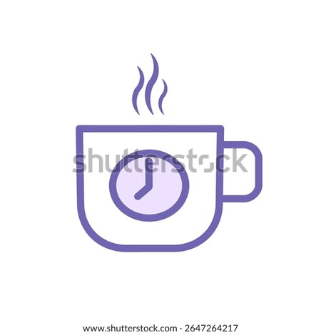 Creative icon of a coffee mug with a pie chart inside, symbolizing productivity balance, work break, time tracking, and mindful rest. A modern soft purple outline illustration perfect for business, he