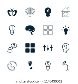 Creative icon. collection of 16 creative filled and outline icons such as butterfly, rose, brain, equalizer, bulb, brain bulb. editable creative icons for web and mobile.