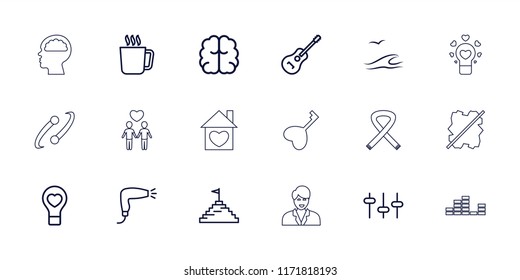 Creative icon. collection of 18 creative outline icons such as mug, hair dryer, brain, bulb heart, equalizer, guitar, pyramid flag. editable creative icons for web and mobile.