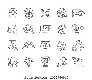 Creative icon collection. Line art stickers with metaphor of new idea, brainstorming, teamwork, tool, inspiration and drawing. Design element for website. Flat vector set isolated on white background