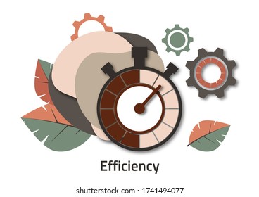 Creative icon for efficiency, productivity. Sign of a stopwatch, gears on a background of leaves. Vector illustration