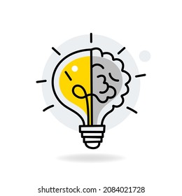 Creative icon of a half brain half lightbulb representing ideas, creativity, knowledge, technology and the human mind. Solving problems concept thin line illustration.