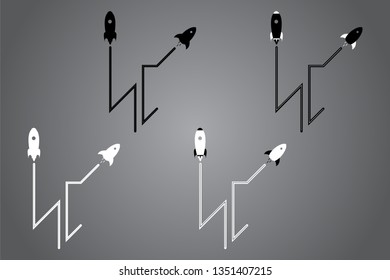 Creative icon with rocket. Black and white logo design. Vector illustration. Modern noir style