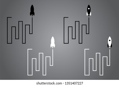 Creative icon with rocket. Black and white logo design. Vector illustration. Modern noir style