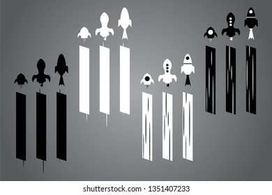 Creative icon with rocket. Black and white logo design. Vector illustration. Modern noir style