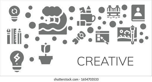 conjunto de iconos creativos. 11 iconos creativos llenos. Incluye luz, onda, diseño web, stem, creatividad, estuche de lápiz, rosa, puente, pincel, iconos de agenda