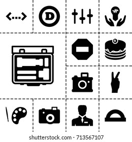 Creative icon. set of 13 filled creative icons such as d letter, cake, businessman, camera, equalizer, bulb in hand, peace, palette, protractor, minus