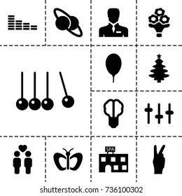 Creative icon. set of 13 filled creative icons such as butterfly, spa building, equalizer, businessman, gay couple, balloon, bouquet flower, peace, planet and satellite