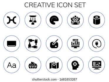 creative icon set. 15 filled creative icons.  Simple modern icons such as: Pisces, Soup, Lamp, Unity, Palette, Paint, Dragon, Web design, Toilet paper, Plug, Typography, Cake