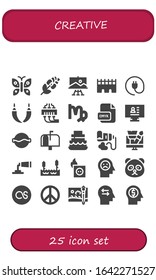 creative icon set. 25 filled creative icons.  Simple modern icons such as: Butterfly, Rose, Paint, Bridge, Plug, Hammock, 3d printing, Virgo, Cmyk, CV, Soup, Mailbox, Cake, Paint tube