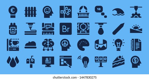 creative icon set. 32 filled creative icons. on blue background style Simple modern icons about  - Idea, Blood, 3d printing scanner, Drop, Fence, 3d printer, Beret, Mailbox, Mind